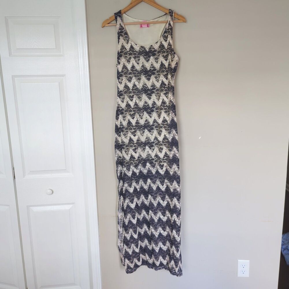 Vintage She's Cool Zig Zag Stripe Full Lace Sheer Maxi Bodycon Dress NWT Large